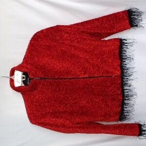 Vintage Sharon Endick Jacket Red Fuzzy  Fringed & Beaded, Zip, 20" PTP, 22"L